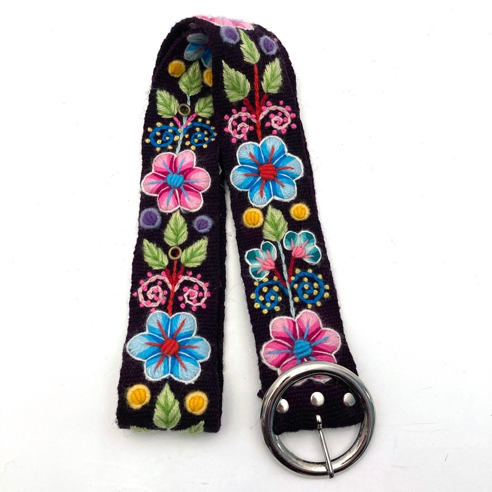 Embroidered Flower Belt Bohemian Dark Purple Holes at 28.5-41.25 Adjustable